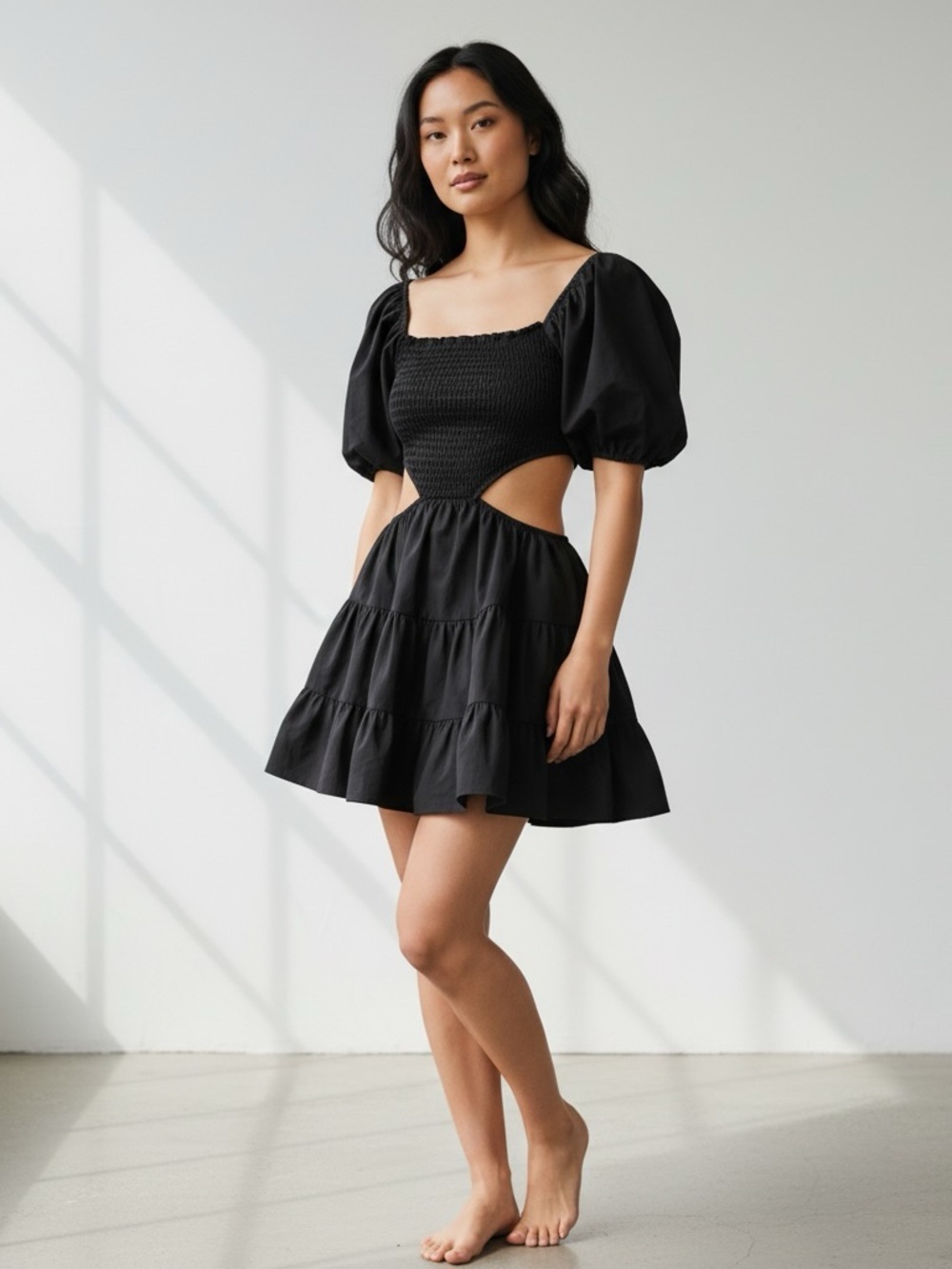 Princess Polly Black Cutout Mini Dress Puff Sleeve Smocked Tiered Skirt Sz 6